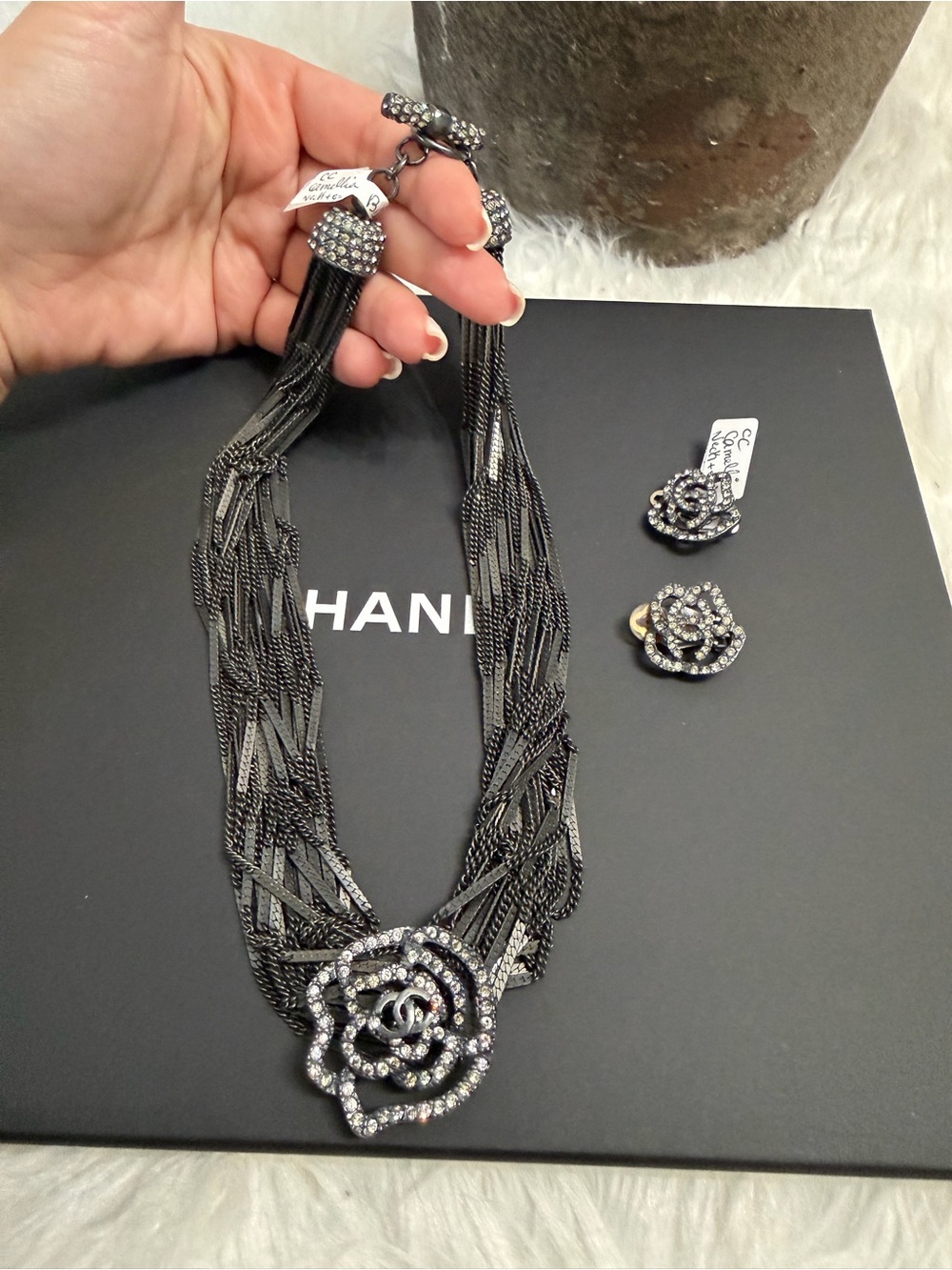 CHANEL Black Multi-Strand Necklace with Crystal Camellia Pendant and Earrings